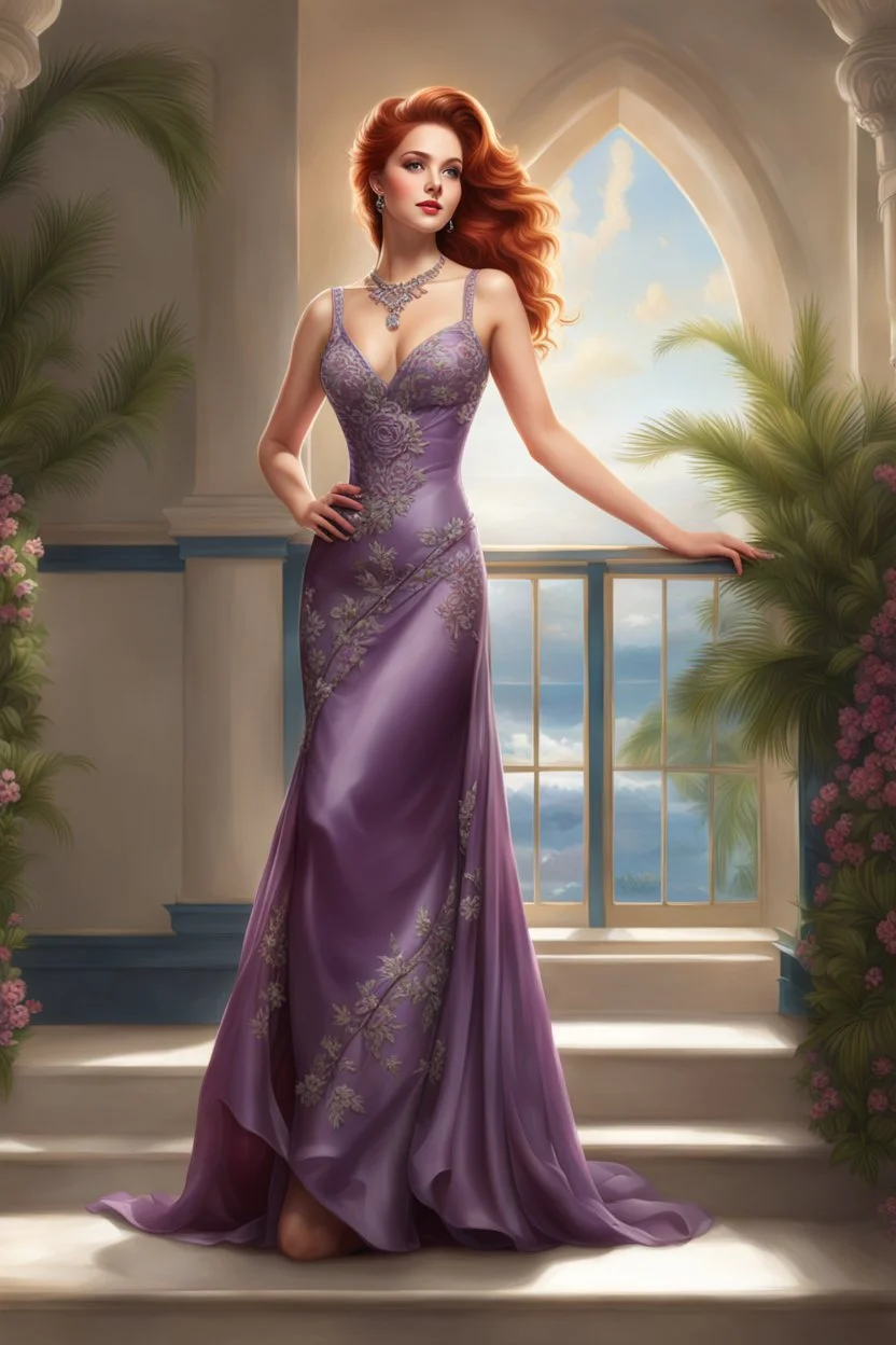 elegance, beautiful woman, 18 years old,front view, tiny, luxuriant, center, single luxuriant purple dress, red hair, render indoor palm, white background,32k, ultra high definition,realistic, white background, clipart, thomas kinkade, blushing, masterpiece, unique, breathtaking, Best Artist, Cinematography, Soft Lighting, Cute and well loved, Creative, Ultra detailed