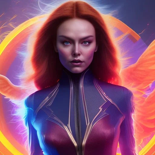 Dark Phoenix, X-Men , Jean Gray. hyperfantastic,hyperscifi,unreal engine 5.best colours,deep purple . fire theme .blue neon smoke.cinamatic,full cinematic lights.beautiful body and hands details,beautiful face details,8k,hyperdetails.by alan parker.ann dittman