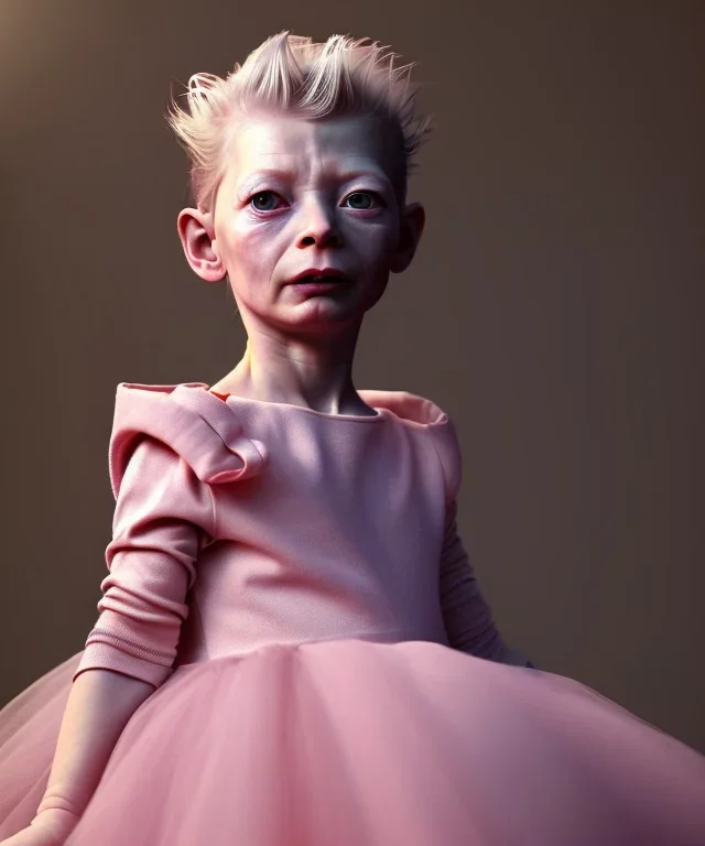 Tilda swinton toddler, full body, shoe, dress, soft skin, dramatic lighting, hyper realistic