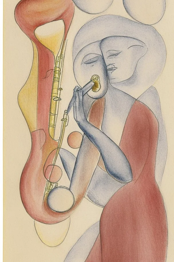 Pencil drawing and watercolour by Barbara Hepworth and Paul Klee grey and gold and red of a man playing the saxophone