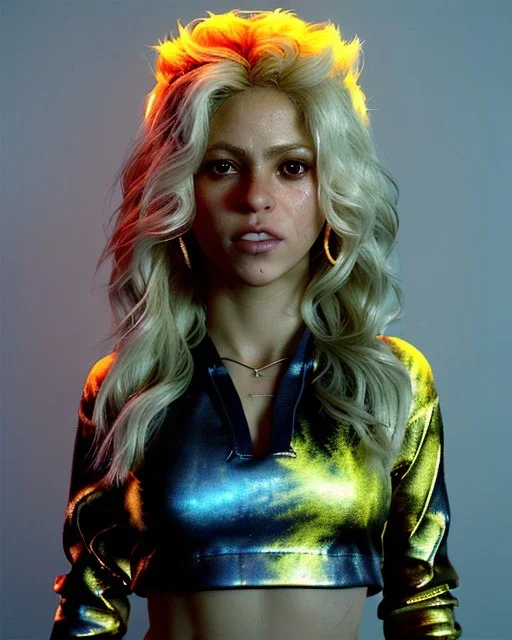 portrait, Shakira, blonde artist, angry, Realistic image, MMA robe, hoodie, mma gloves, loose long hair, eyes make up, gold line make up, moisture, sweat, fog, Neon colors, leds. Dark background, photo studio, concept art, smooth, unreal engine 5, god lights, ray tracing, RTX, lumen lighting, ultra detail, volumetric lighting, 3d, finely drawn, high definition, 4k.