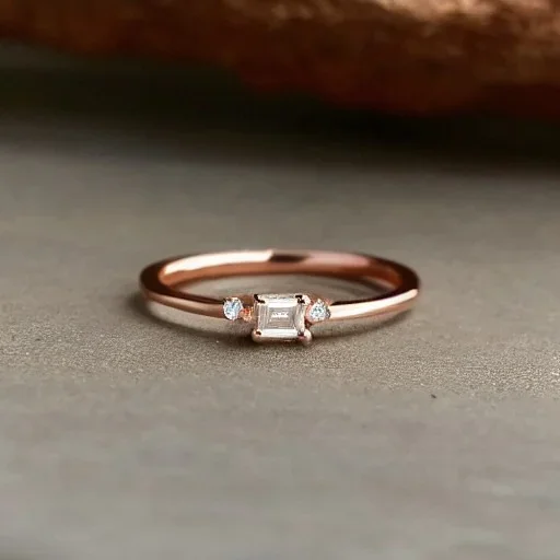 delicate thin ring with baguette diamond, knot, rose gold, thin ring