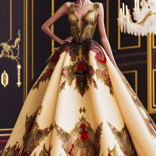 stunning extrem opulent haute couture gown designed by Marchesa inspired by fairies, realistic epic elegant fantasy color mix of black and gold and dark red,decorated with precious stones, detailed, high quality, intricate, fantasyland background,