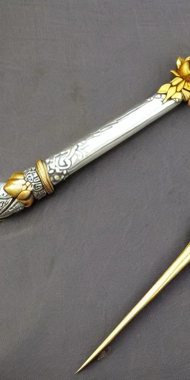 A long silver and Gold spear weapon with a rose at the handle and thorns up the poll, realistic, fantasy,