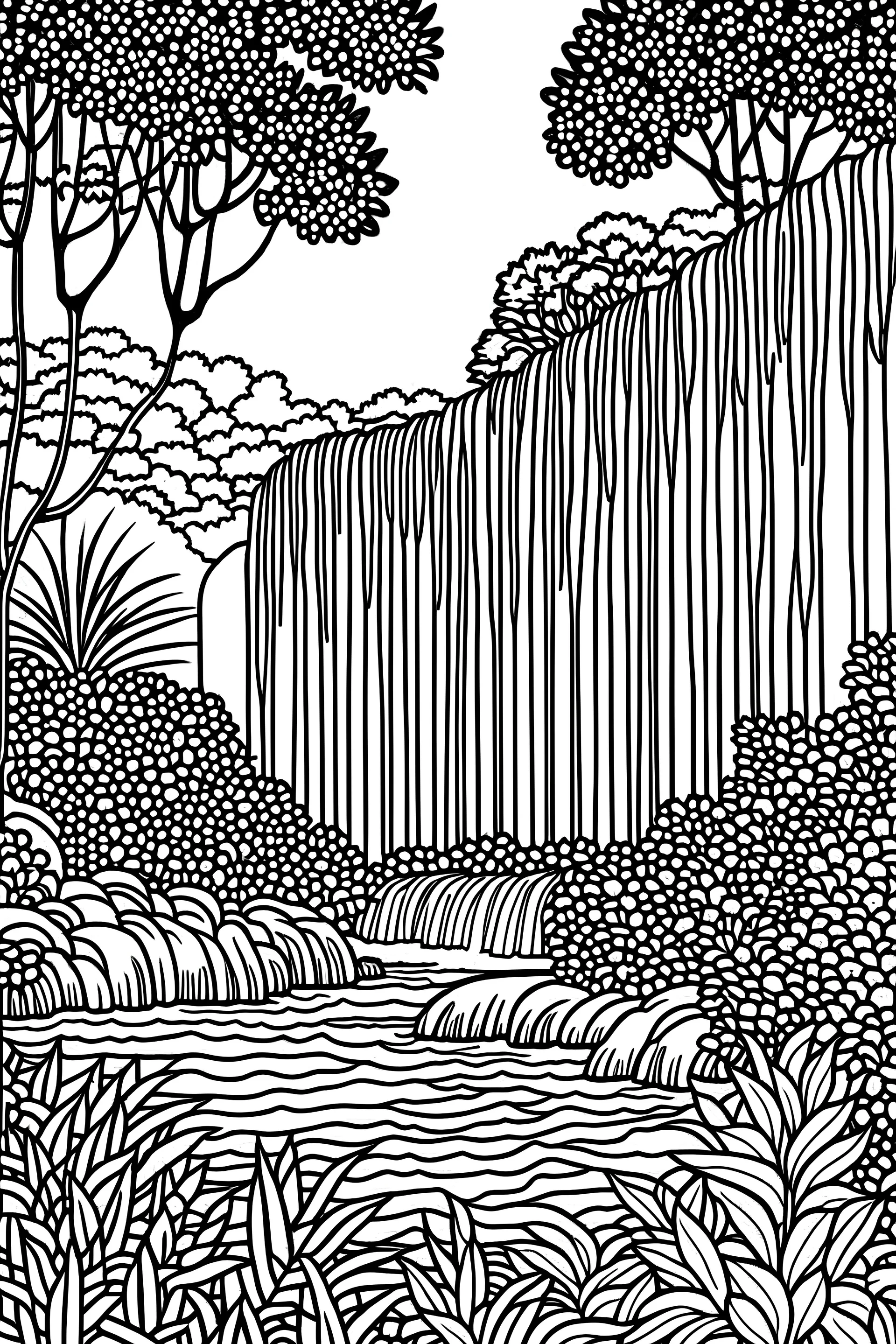 outline art, waterfall in the jungle