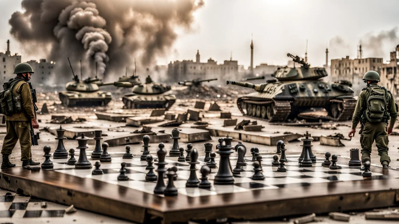 Israeli soldiers and tanks stand on a very large chessboard in the middle of a destroyed city