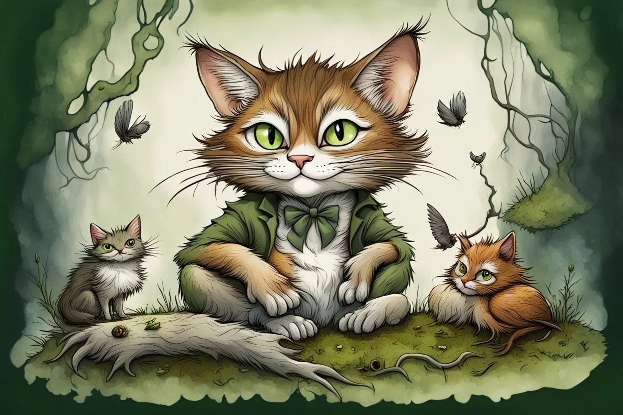 caricature, alcohol ink graphic from an european wild cat sitting in moss, between tendrils and a dead little bird lies between his paws, looks casually and devilishly at the camera, caricature style, detailed, kind, humorous, sharp lines, comic, digital art , blur background