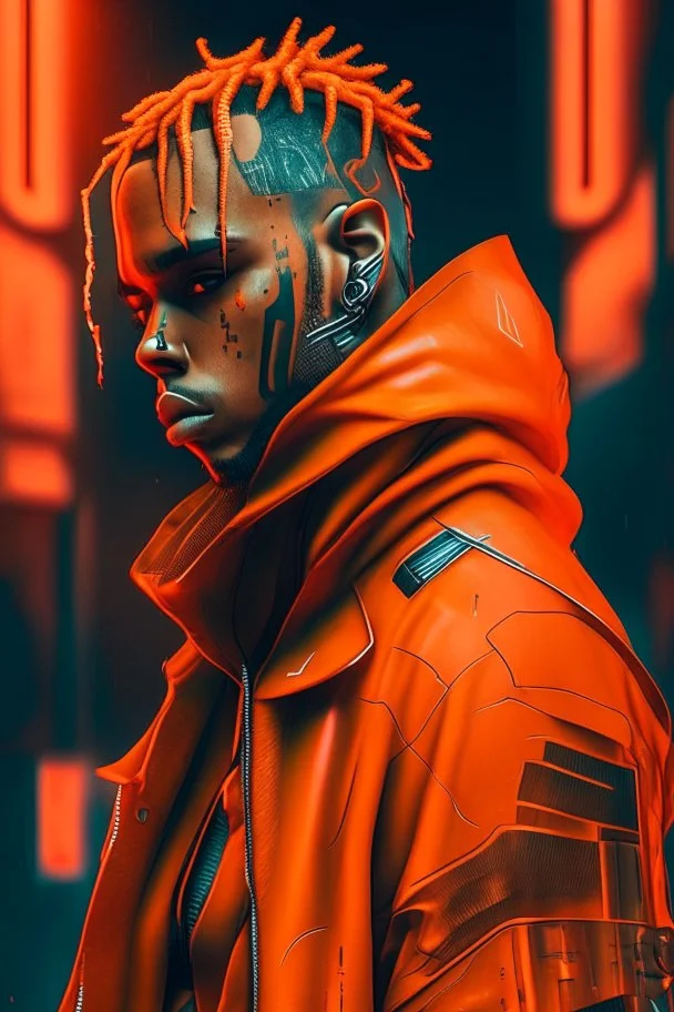 Chris brown dressing in orange, cyberpunk, ultra realistic