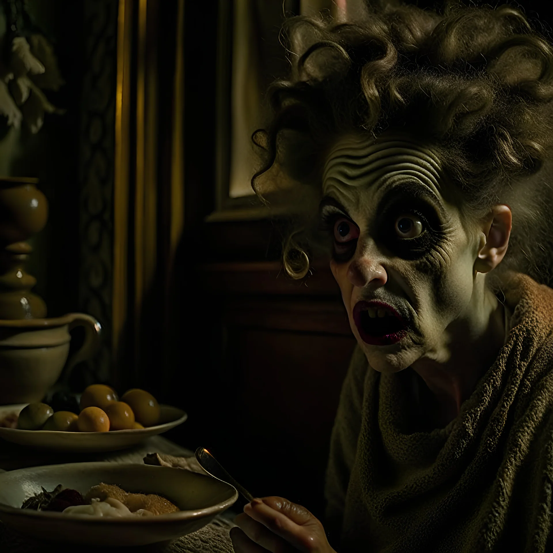 Strong texture, photorealism, Caravaggio, Arcimboldo, Egon Schiele. Intricate patterns, hypermaximalist. Photo made of inside house, an eerily mysterious, hidden and odd person is eating, a witchy house, sober style, pastel colors. Movie shot, spooky. Sinister scribbles, 33mm photography. Beasts