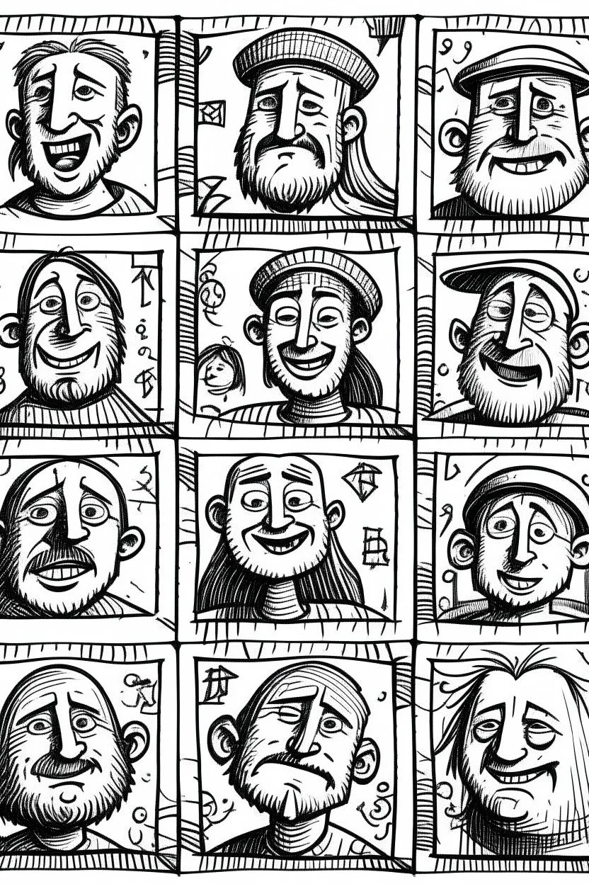 Silly small stamp diferent medieval people with diferent expressions, some dramatic, somo happy. the style is minimal black and white stamp. in the sheet there are more than 5. very diverse court memebers and everyday people. man, woman, kids. white background