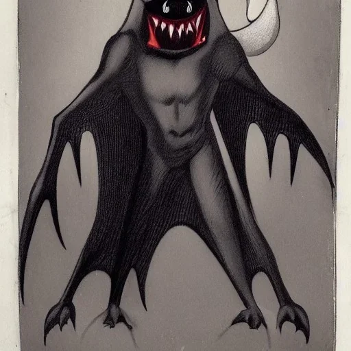 Man bat monster with long thin body and white skin and vampire fangs