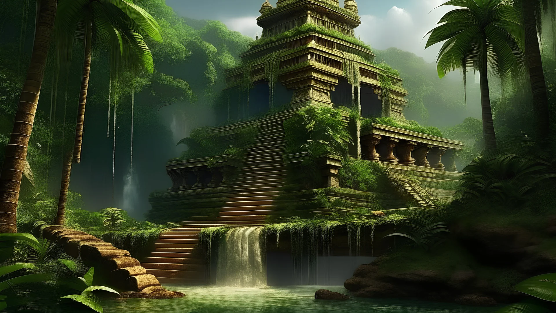 jungle palms waterfall temple indian