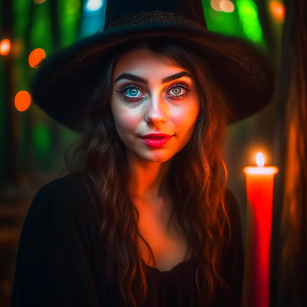 portrait of blessed young witch beauty, wild goblin birthday party on dead forest bridge background , motion blur, 8k, downlight, soft light, depth of field, photorealism, trending on art station, lotsa detail