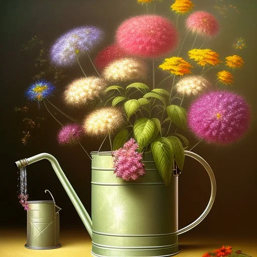 beautiful old watering can surrounded by gorgeous plants and flowers Modifiers: Award winning photography oil on canvas beautiful