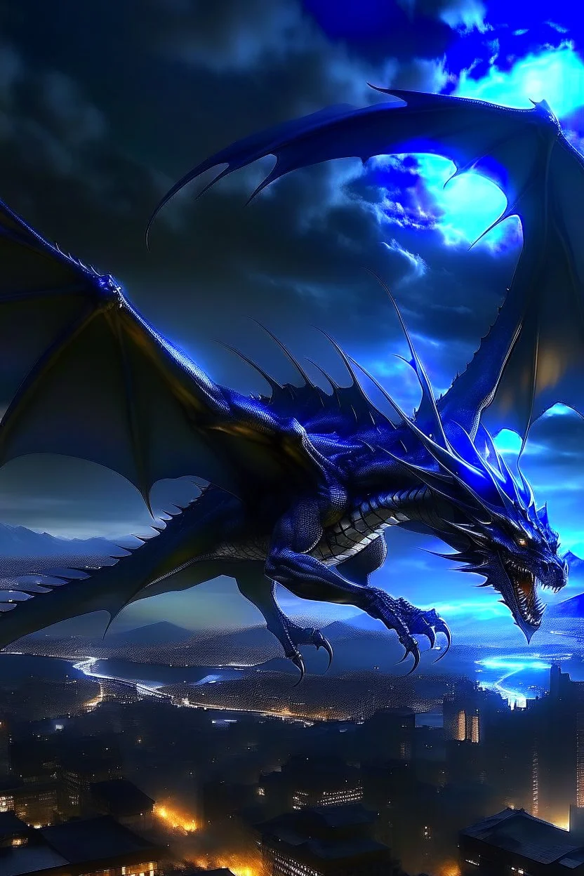 black dragon in flight city in the background at night