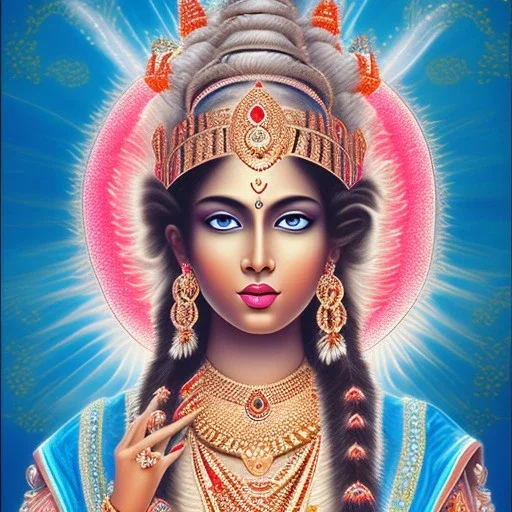 Indian goddess of love blue eyes pink background