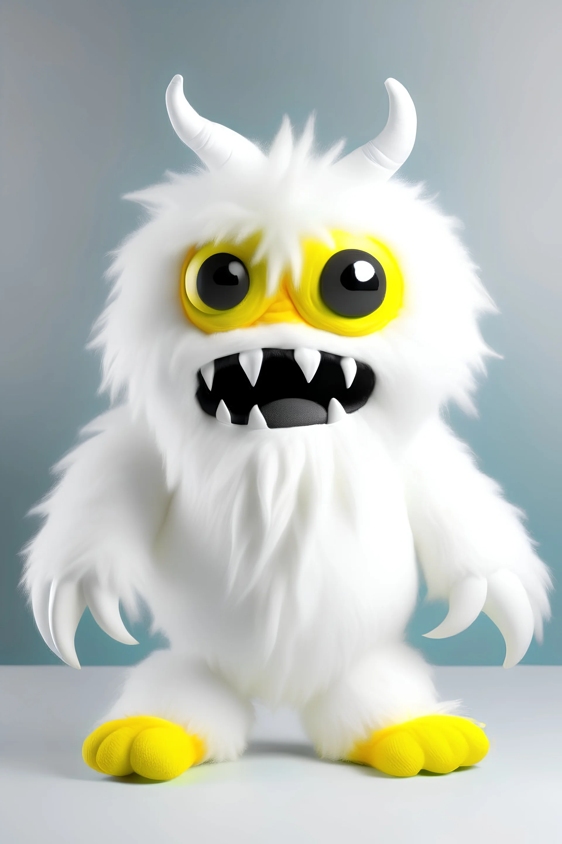 Make a fluffy white monster with a giant mouth and yellow eyes And Says bum bum bum With arms