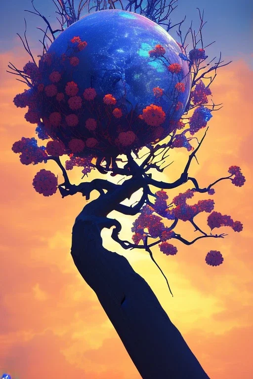 silhouette, monde en fleurs, concept art, crépuscule , bleu oranger, vibrant Color, réaliste