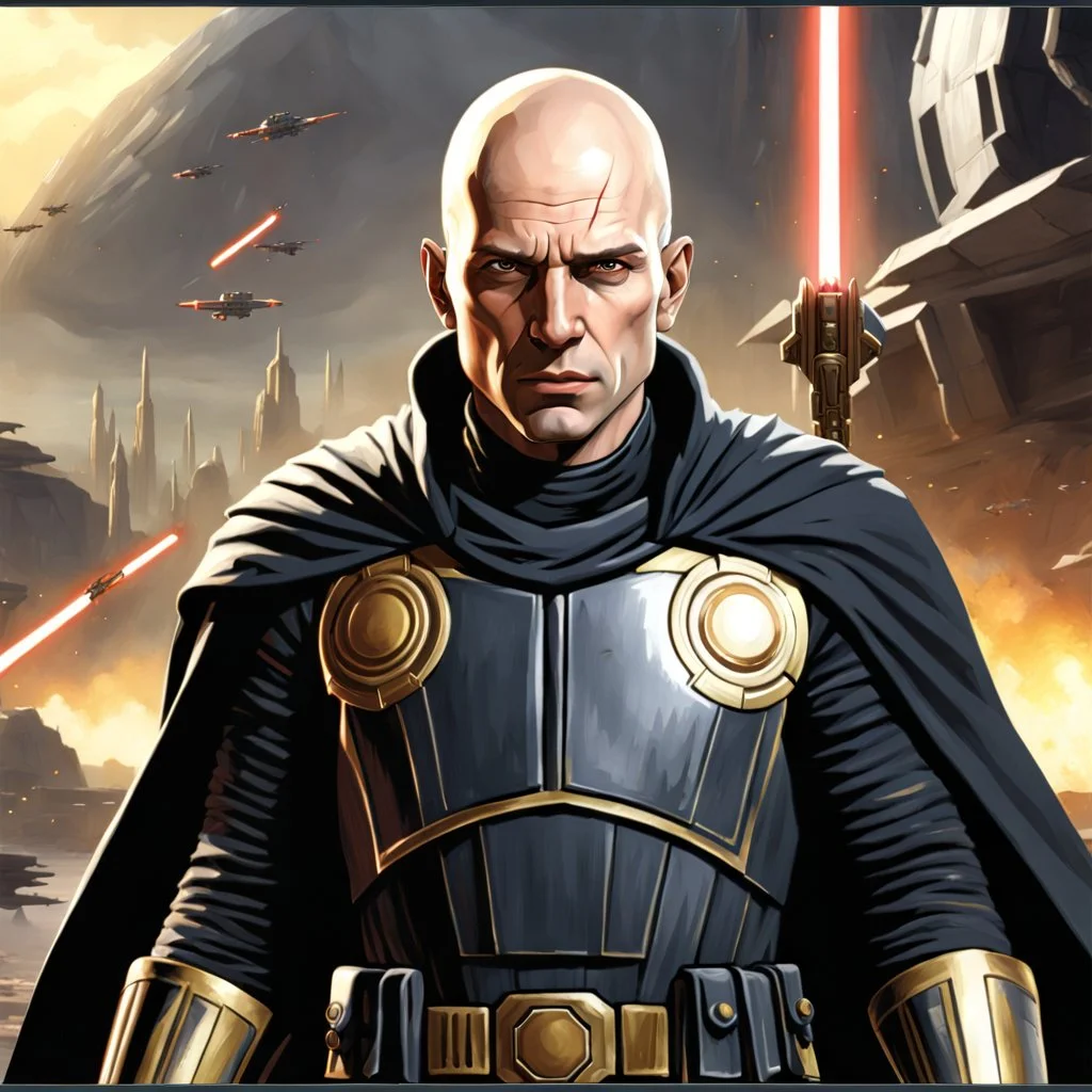 star wars bald male corellian jedi pilot wearing black and gunmetal grey old republic armored robes with gold trim, alone, battle-ready Jedi Master defending a ruined ancient city surrounded by golden light, centered head and shoulders portrait, hyperdetailed, dynamic lighting, hyperdetailed background, 8k resolution, volumetric lighting, light skin, fully symmetric details