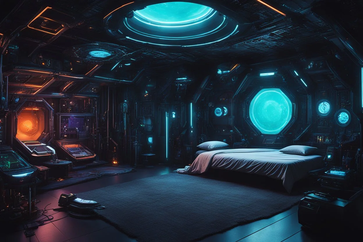 a dark and shady secluded chamber, a sanctuary of explorations. The room is adorned with an array of futuristic devices, each designed to awaken and satisfy the dreams of those who dare to enter. surrounded by an assortment of probes, arms, extensions, pinacles, and slime. a large bed in the center, with pillows and soft sheets in cotton