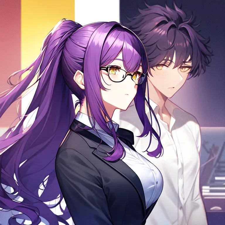 girl, masterpiece, best quality, volumetric lighting, dynamic pose, detailed outfit, perfect eyes, long hair, purple hair, vibrant golden eyes, office clothes, black glasses, messy hair, beautiful eyelashes, ponytail,