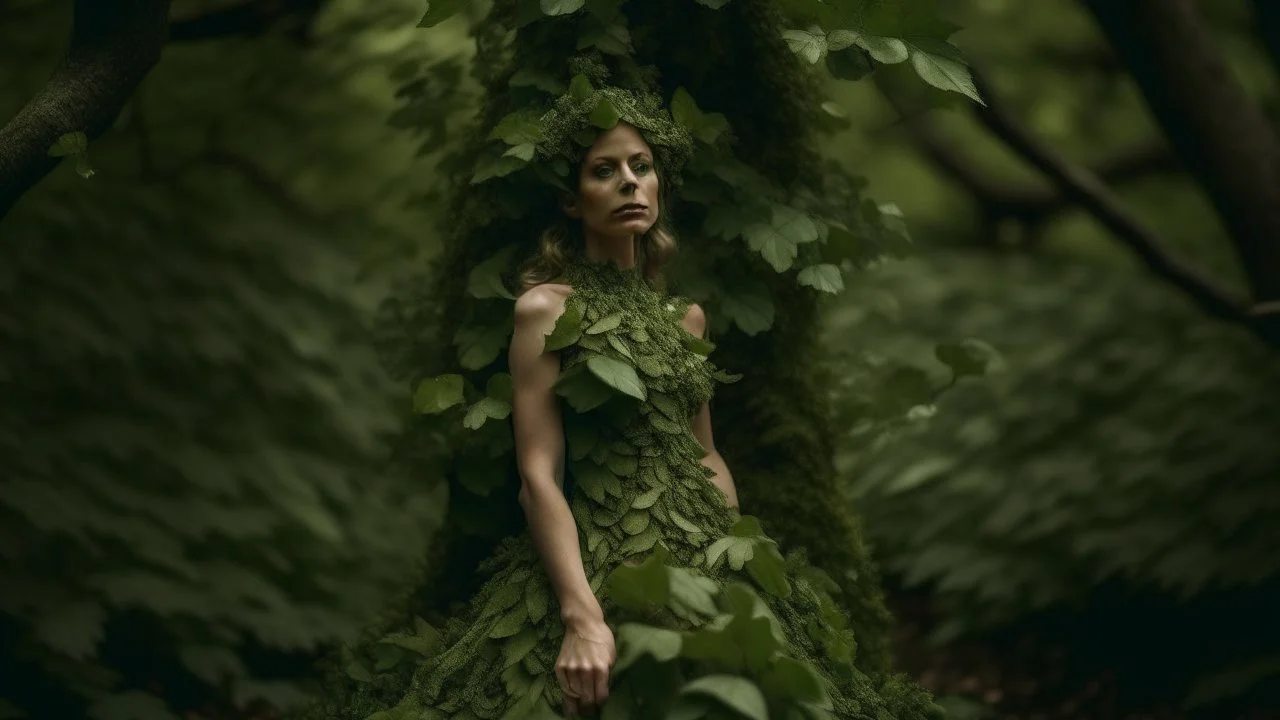 woman in a dress made of tiny leaves, growing out of a tree in a wood