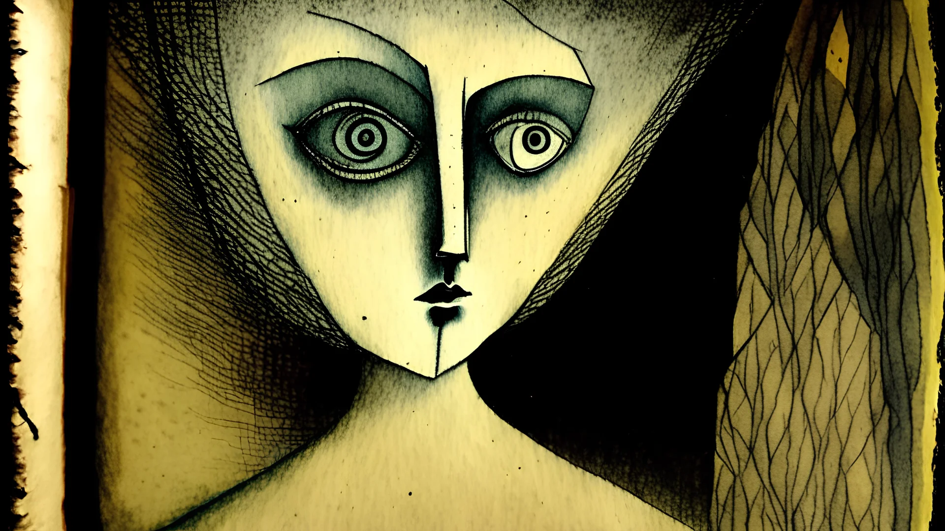 hand painted aquatint book drawing of a hauntingly grandiose girl in the mix style of Paul Klee Remedios Varo Dušan Marek Gabriel Pacheco perfect details