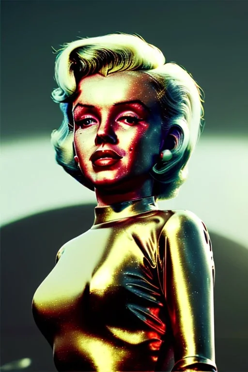 Ultra Realistic retro sci-fi 1960 scene, waist up view portrait, blonde woman, sweet young Marilyn Monroe face, perfect iris, tight latex coat, alien planet background, tight style, steel sphere dron levitating, fog, rain, soft color, highly detailed, unreal engine 5, ray tracing, RTX, lumen lighting, ultra detail, volumetric lighting, 3d, finely drawn, high definition, high resolution.