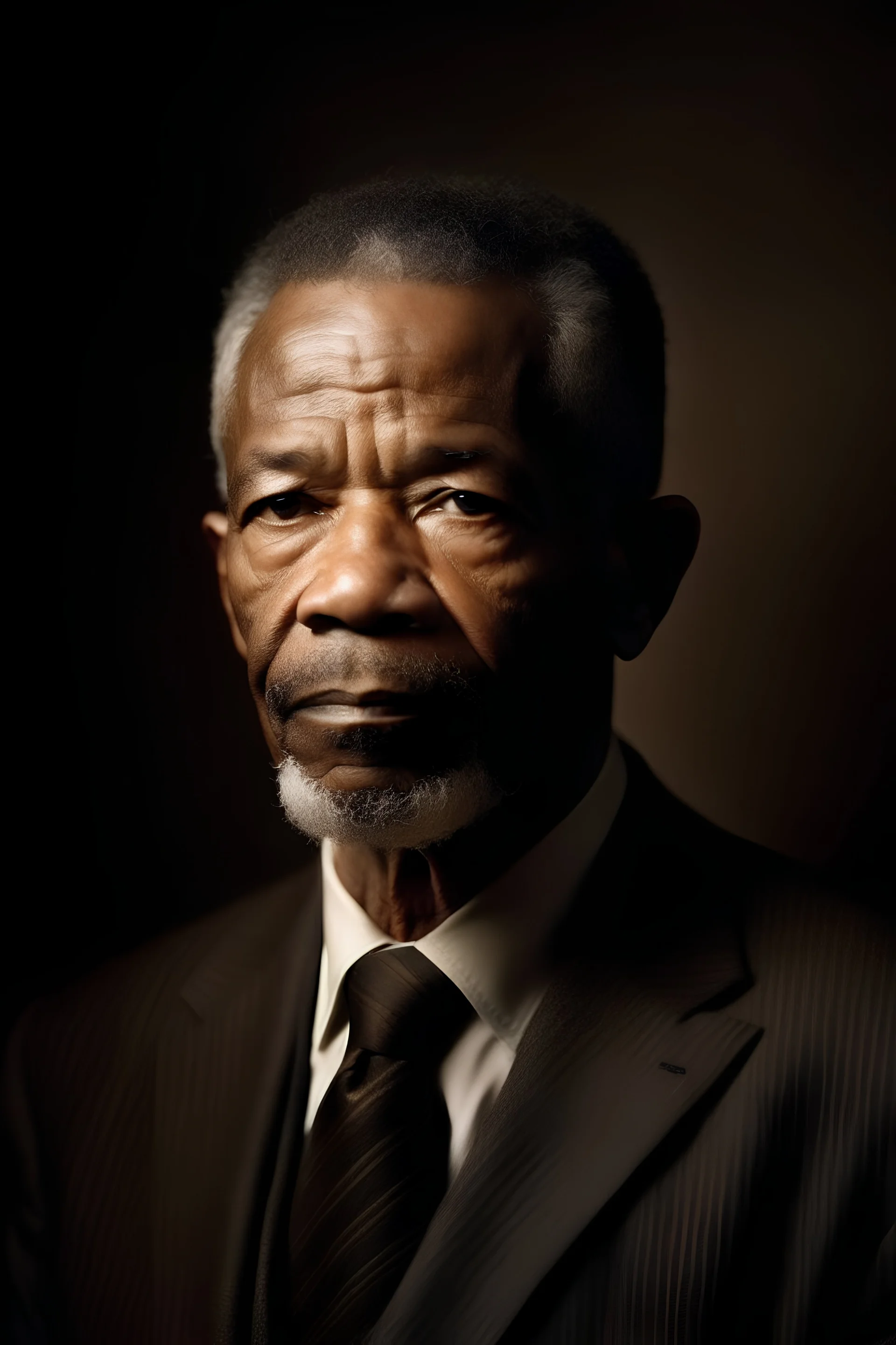 An extremely formal, funeral program on darkest brown deeply pigmented velvet paper with brilliant, brightest heavy golden fonts, with a photograph of an strikingly handsome slightly tanned Biracial Black man of 50 years of age on the front of the program, with a slightly gray goatee dressed in a very dark conservative suit and tie, the photograph has a dark brown background or dark brown drapery background, simple, minimalistic, less element, STUDIO LIGHTING,