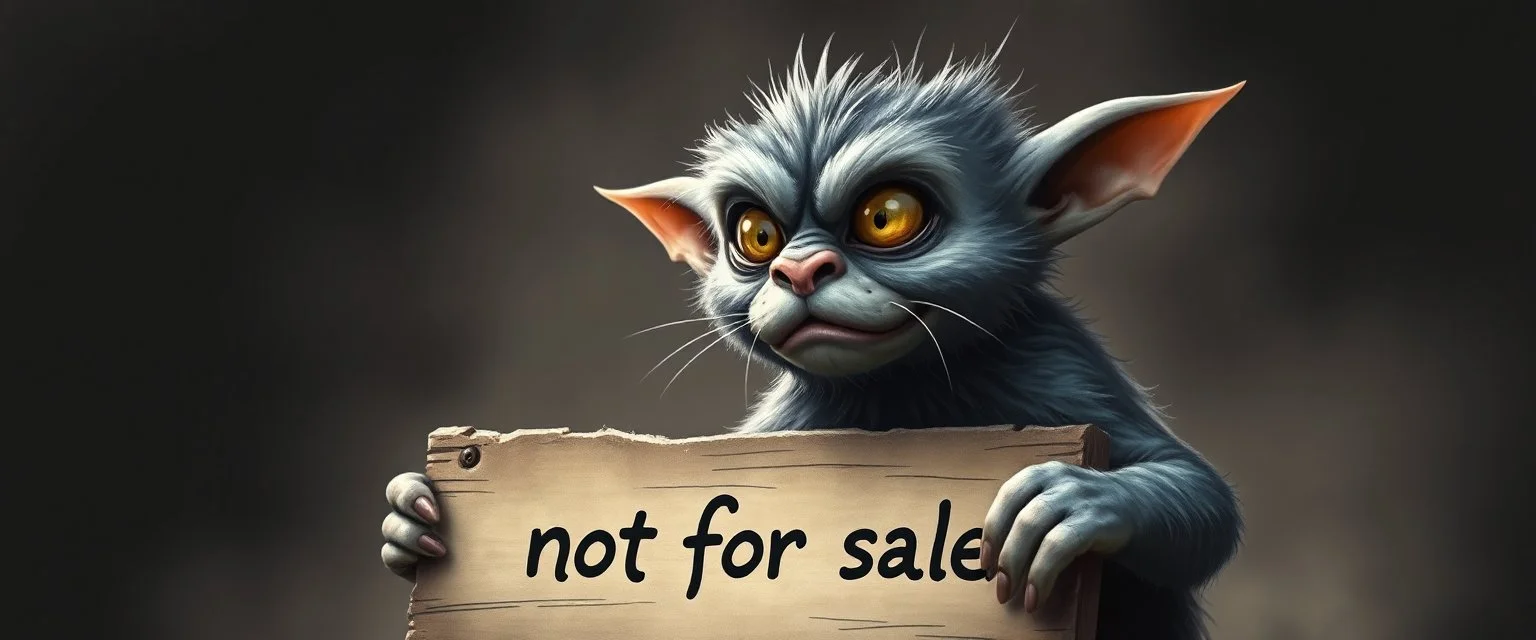 air brush 3d with pen outline, mongrel goblin gremlin looking at sign with big cute cat monster saying "Cats are not for sale" with blurred shadow outline, charcoal fog border