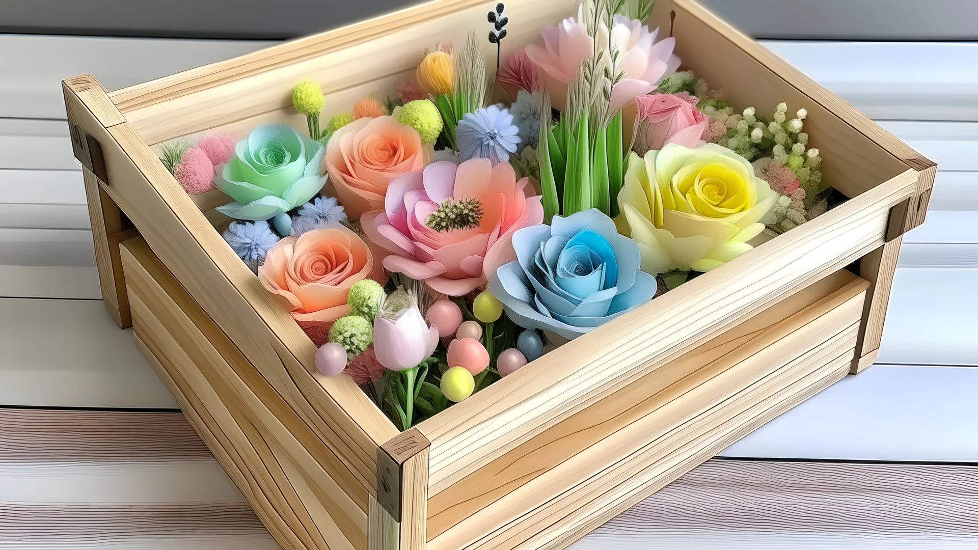 wooden box of pastel watercolor flowers