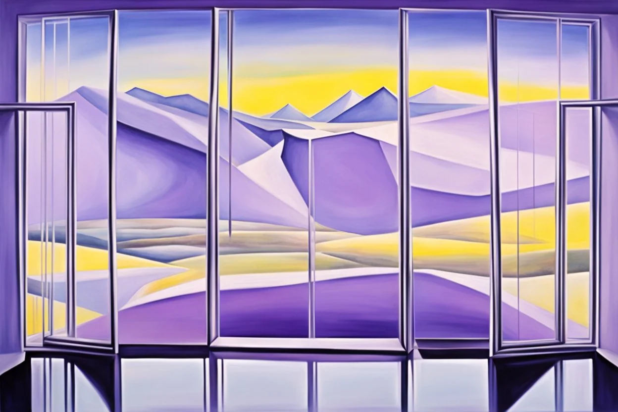 a surreal open glass gate in a glass wall with a view of a desolate landscape, storm, strong contrasts, by artist "Leonora Carrington",by artist "Zaha Hadid",These colors are bold, vibrant, and intense, including shades of colors such as purple, blue, and yellow.