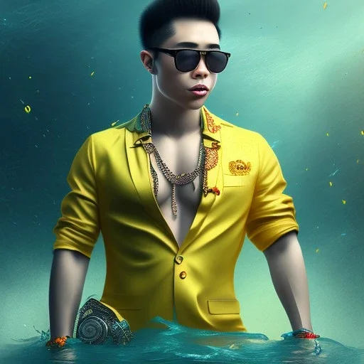  fantasy art, upper body of krister chao the pimp with sunglasses on yellow slack line high above water