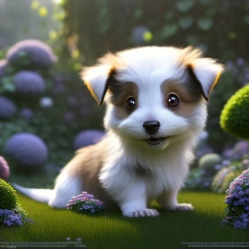 pixar style, volumetric garden environment and background, realistic painting of a cute midget aystralian puppy laying on the ground, looking excited, detailed digital painting, extreme dense and fine fur, anime, ornate, colour-washed colors, elegant, small minutiae, tiny features, particulars, centered, smooth, sharp focus, renderman gofur render, 8k, uhd, detailed eyes, realistic shaded volumetric lighting, sunlight caustics, backlight, centered camera view