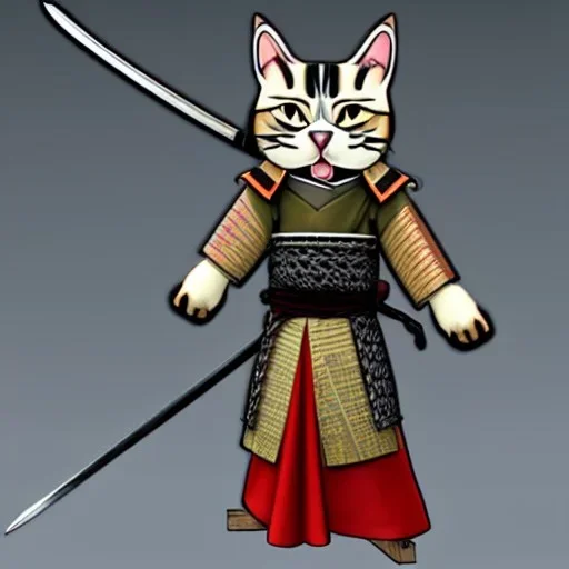 Un chat, anthropomorphique, habillé comme un samurai, portant un katana, très detaillé, réaliste, très détaillé, représentation 3d, très précis.