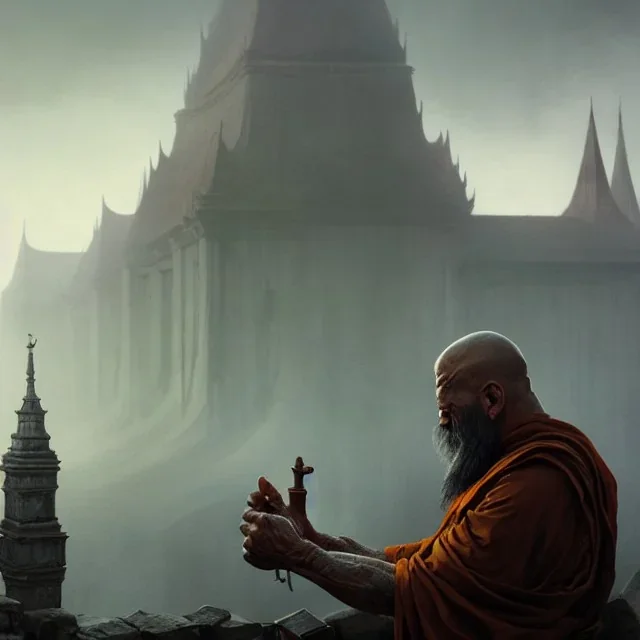 Portrait of a monk, fog, distant temple, profile, grim, dark, Frank Frazetta, Greg Rutkowski, hyperdetailed, dnd, trending on Artstation, Splash screen art, dynamic lighting, hyperdetailed, intricately detailed, a masterpiece, 8k resolution, high contrast, bearded,