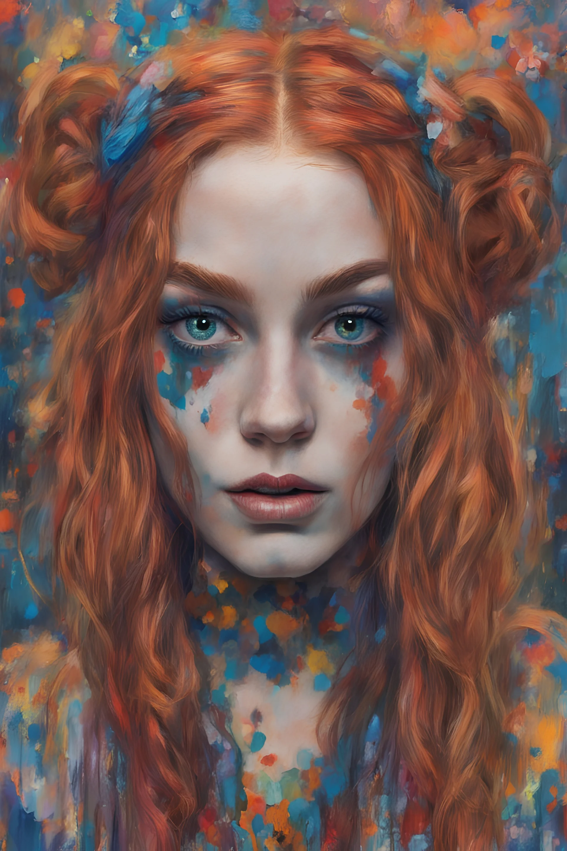 hippie girl Ginger hair Alexandra "Sasha" render eye candy Suicide Squad Harley Quinn oil paiting In depth psychology display Gustav Klimt style New York City detailed render eye candy breathtaking