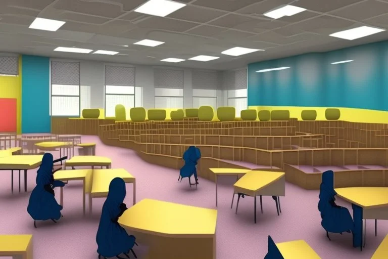 can you please generate an image of segregated learning facilities for girls and boys in an islamic country They will learn english and maths as well as everyday skills.. It should include sensory learning and use durable materials.