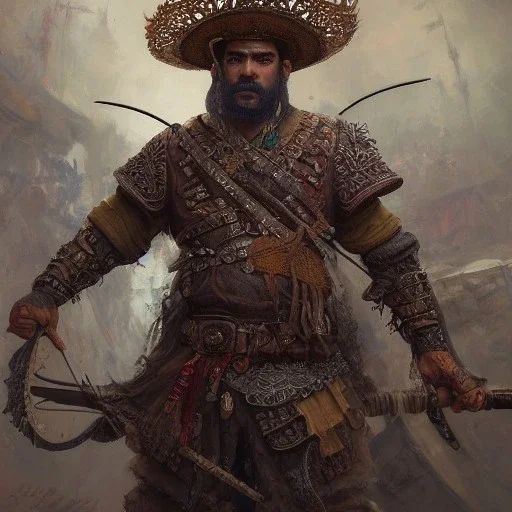 Insanely detailed photograph of an “ a mustachioed Spanish warrior ” with detailed Sombrero, intricate charo,cigar,crossbow in hand, hyperdetailed painting by Ismail Inceoglu Huang Guangjian and Dan Witz CGSociety ZBrush Central fantasy art album cover art,8K, hdr, mysterious, flickeringlights ,Stoic