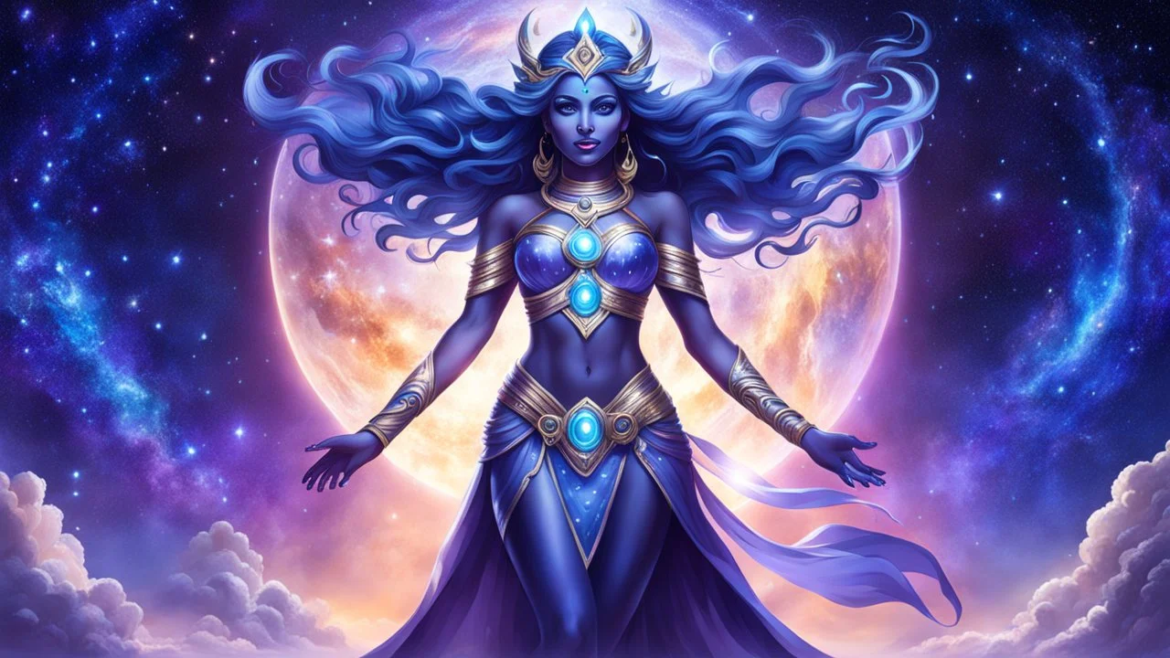 Full body portrait of a peaceful smiling guardian Goddess of the galaxies with a blue indigo purple skin, high skul, luminous eyes