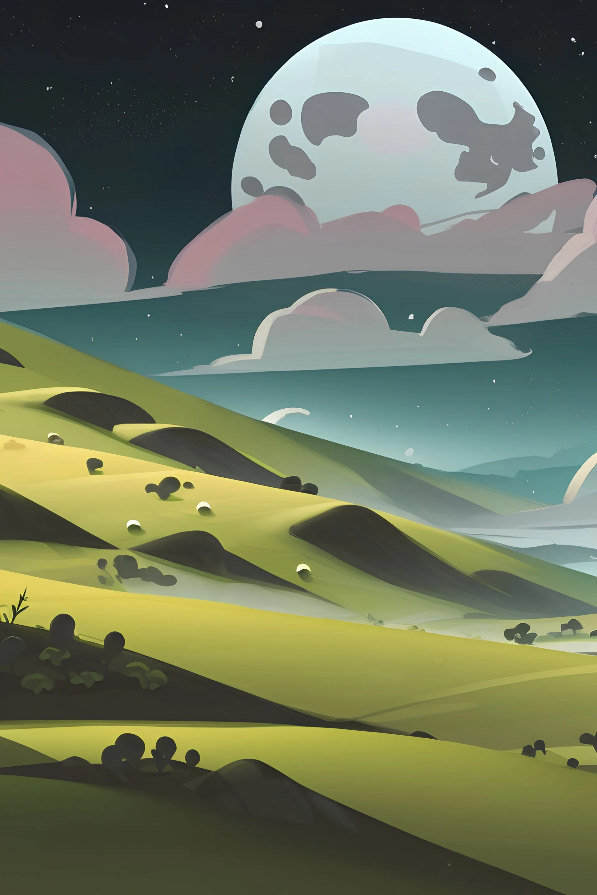 rolling green hills, with nighttime sky backround. background black with little white stars, and moons. tons of flowers on the hills, all different bright colors. hills should be filled with flowers