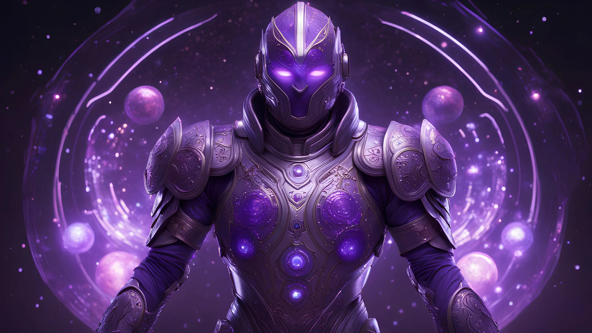 A figure clad in a suit of sleek, purple armor adorned with intricate circuitry and cosmic motifs. The suit shimmers with a faint luminescence, reflecting the power of the cosmos harnessed by its wearer. Embedded within the armor are pulsating orbs of gravitational energy, each one representing the controller's mastery over the forces of gravity. Their eyes glow with an otherworldly hue, a testament to the immense power they wield over space and time. full body
