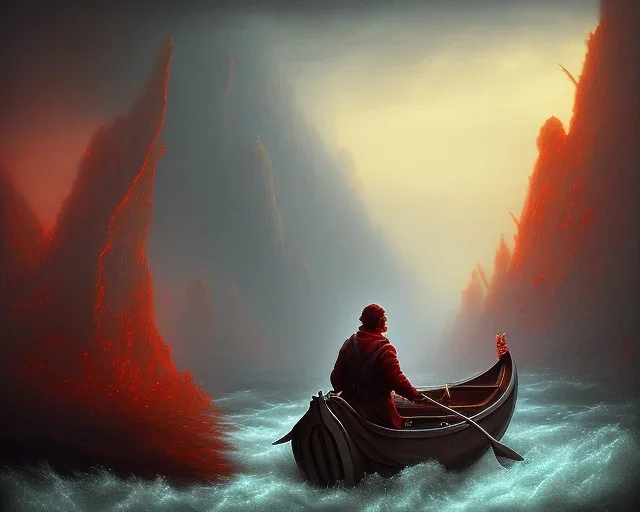 Charon the ferryman in his boat on the river Styx, red black purple colours, 8k, high definition, fantasy art, winding river, sharp jagged rocks, high contrast colours, sharp detail, lava river,