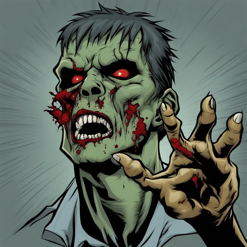zombie hand claw, attack, comic book style, grey background,