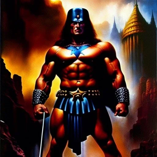 portrait oil on canvas, Conan ,comic book cover, mystical colors,insanely detailed,realistic,intrincate detail, 16k resolution, masterpiece,Frank Frazetta,Alex Horley, Simon Bisley.