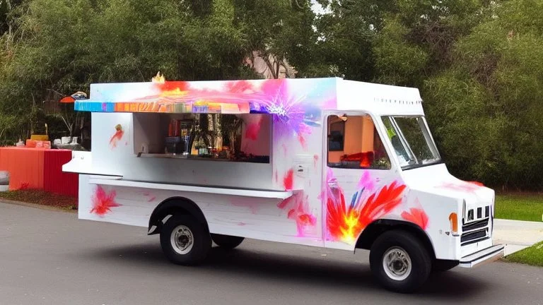 modern looking food truck that has a bunch of bright paint and flashy lights and fireworks