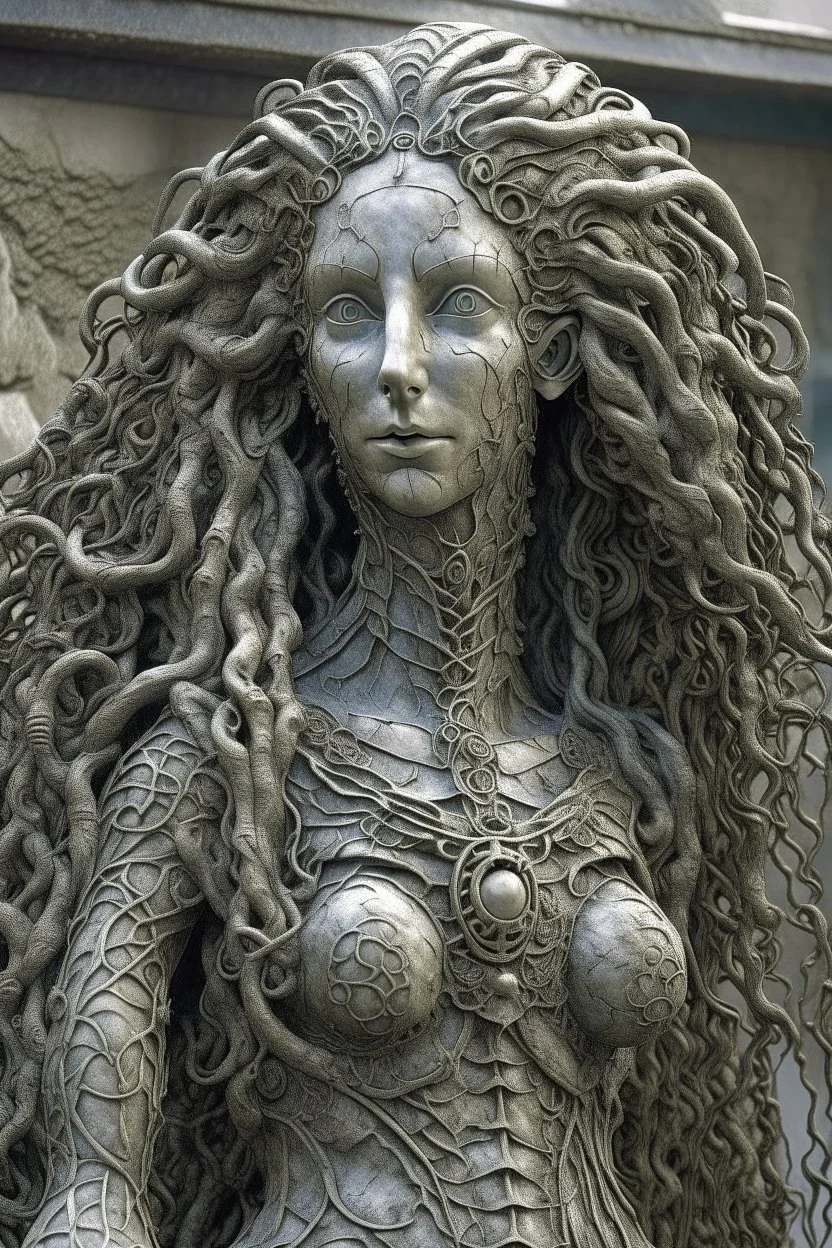 sculpture of beautiful girl with long curly hair , half the body , front view . decayed and rotting with grotesque proportions and imagery. grotesqueries, detailed texture, surreal horror, biomechanical design, by hr giger and beksinski