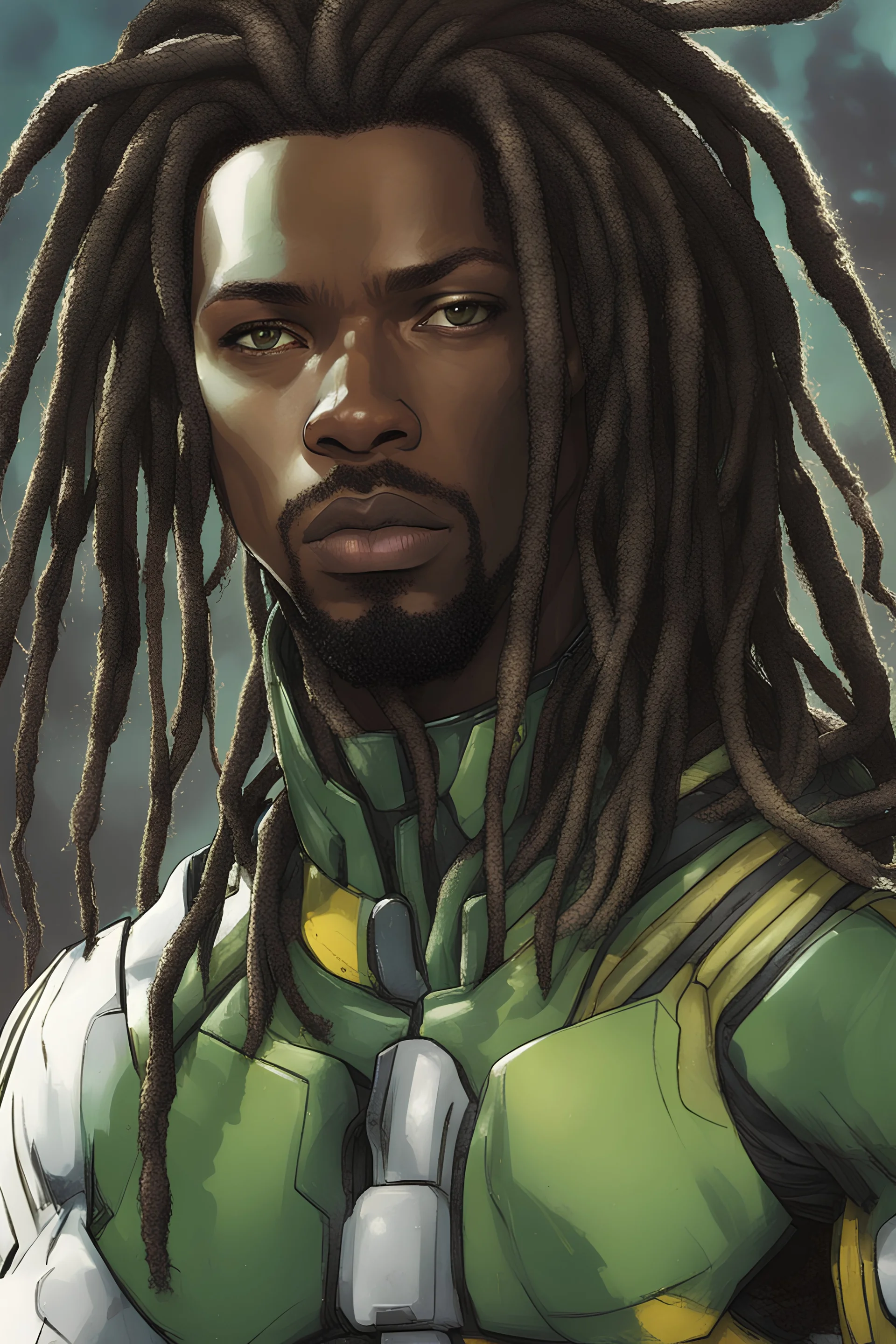 Long shot, exteme wide shot, Head in frame, Whole body in frame, ultra detailed, Creative, original character, original superhero character Stunningly handsome man with dark brown blue streaked neck-length dreadlocks, straight nose, dark skin, gorgeous broad young face, kind roguish steel hazel eyes, wearing white, yellow, and green superhero body suit, hyperrealism, by Greg Rutkowski,by anna dittmann,trending on artstation