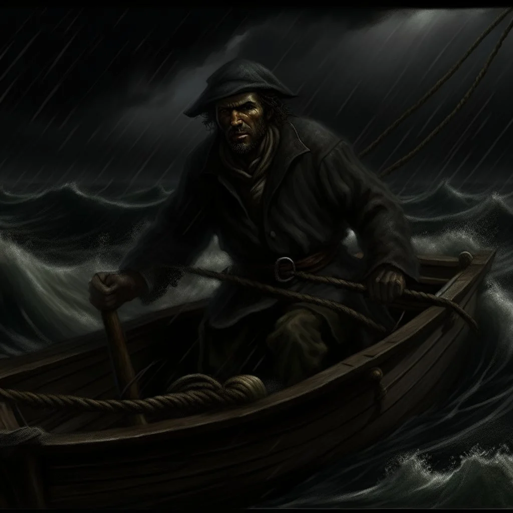 The angry black haired fisherman "Boatsman" on a stormy sea realistic grimdark