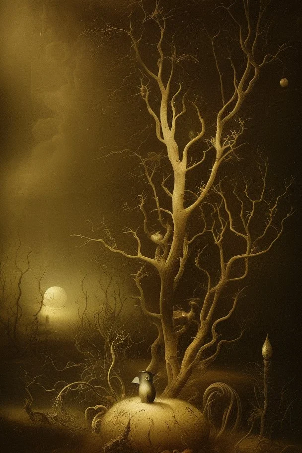 A daguerreotype-style close-up image of a surreal background inspired by Hieronymus Bosch and Max Ernst, featuring twisted organic forms, decaying botanical elements, and strange vegetal growths that seem to pulse with unnatural life. The entire scene is bathed in soft, ambient lighting that creates an otherworldly atmosphere, with areas of deep shadow contrasting against the pale, spectral glow of the figures.